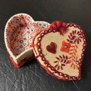 Vintage Trinket Box Heart Shaped Jewelry Box Fabric Covered Embroidered Portugal